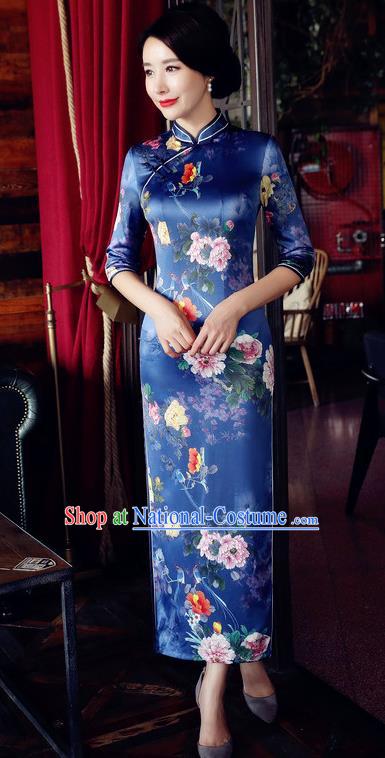 Chinese National Costume Handmade Qipao Dress Traditional Tang Suit Printing Blue Watered Gauze Cheongsam for Women