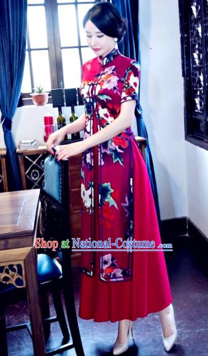 Chinese National Costume Tang Suit Silk Qipao Dress Traditional Printing Two-pieces Red Cheongsam for Women