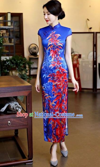 Chinese National Costume Tang Suit Qipao Dress Traditional Printing Maple Leaf Blue Cheongsam for Women