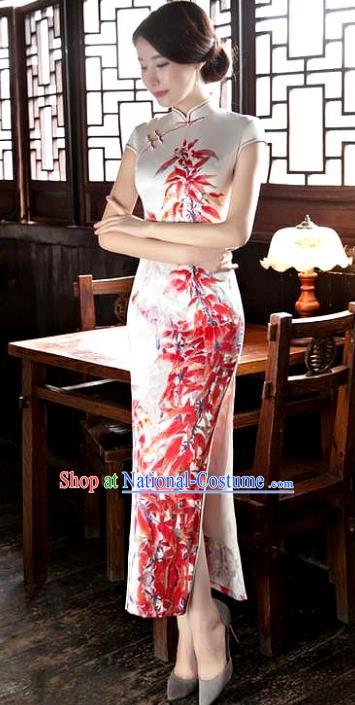 Chinese National Costume Tang Suit Qipao Dress Traditional Printing Maple Leaf White Cheongsam for Women