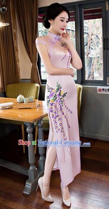 Chinese National Costume Tang Suit Qipao Dress Traditional Printing Wisteria Pink Cheongsam for Women