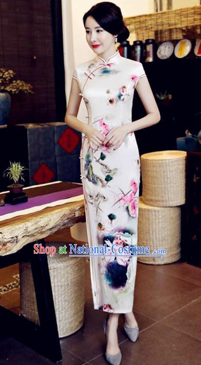 Chinese National Costume Tang Suit Qipao Dress Traditional Printing Lotus Flower Cheongsam for Women