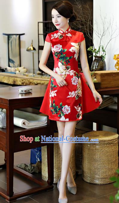 Chinese National Costume Tang Suit Retro Qipao Dress Traditional Printing Red Silk Cheongsam for Women