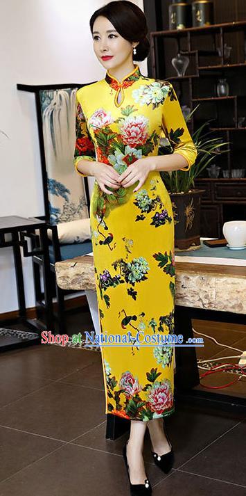 Chinese National Costume Handmade Yellow Qipao Dress Traditional Tang Suit Printing Silk Cheongsam for Women