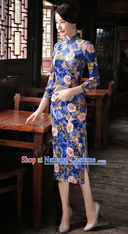 Chinese National Costume Handmade Blue Velvet Qipao Dress Traditional Tang Suit Printing Cheongsam for Women