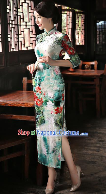 Chinese National Costume Handmade Green Velvet Qipao Dress Traditional Tang Suit Printing Cheongsam for Women