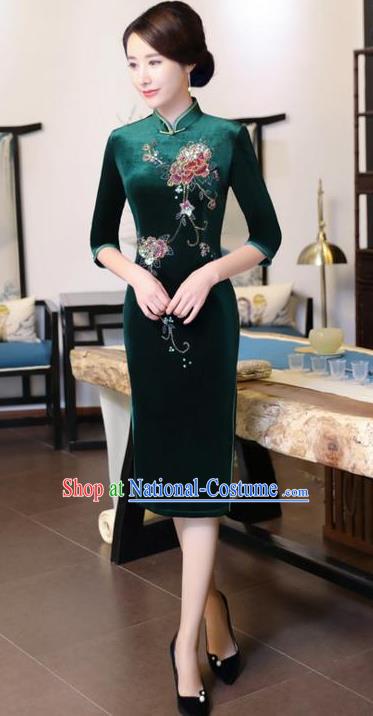 Chinese National Costume Handmade Green Velvet Qipao Dress Traditional Tang Suit Cheongsam for Women