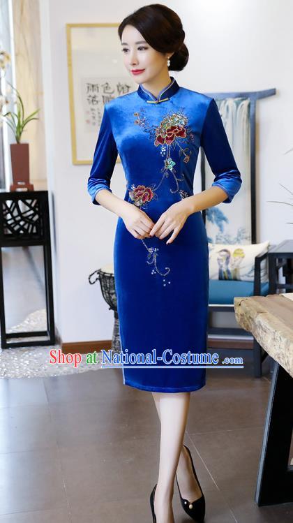 Chinese National Costume Handmade Blue Velvet Qipao Dress Traditional Tang Suit Cheongsam for Women