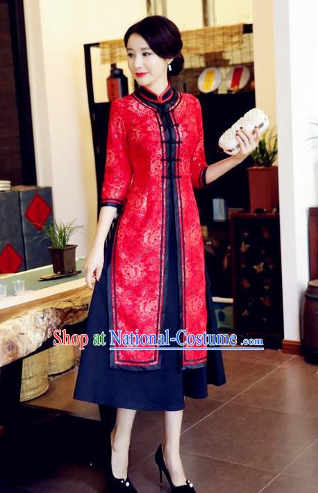 Chinese National Costume Handmade Red Qipao Dress Traditional Tang Suit Two-pieces Cheongsam for Women