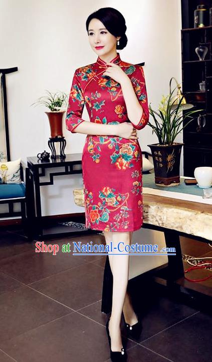 Chinese National Costume Handmade Tang Suit Wine Red Qipao Dress Traditional Printing Flowers Cheongsam for Women