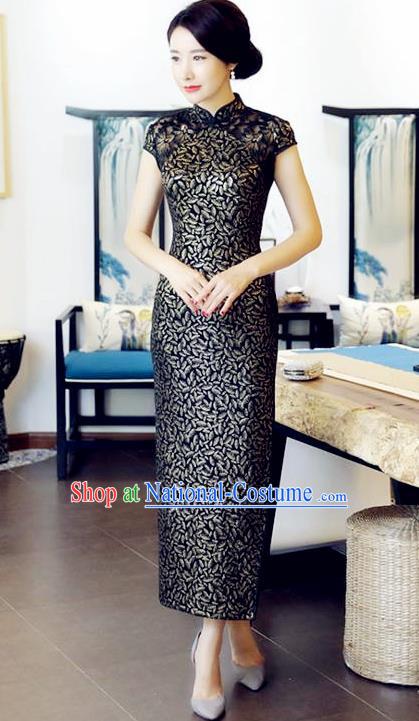 Chinese National Costume Handmade Tang Suit Black Qipao Dress Traditional Long Cheongsam for Women