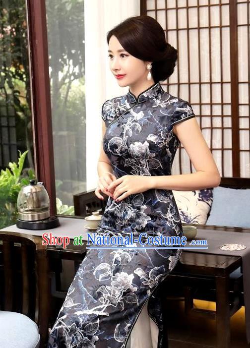 Chinese National Costume Handmade Tang Suit Black Qipao Dress Traditional Printing Flower Cheongsam for Women