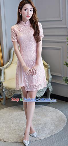 Chinese National Costume Tang Suit Pink Lace Qipao Dress Traditional Cheongsam for Women