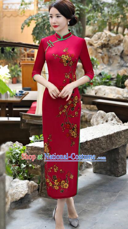 Chinese National Costume Tang Suit Rosy Pleuche Qipao Dress Traditional Cheongsam for Women