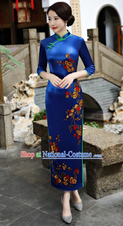 Chinese National Costume Tang Suit Blue Pleuche Qipao Dress Traditional Cheongsam for Women