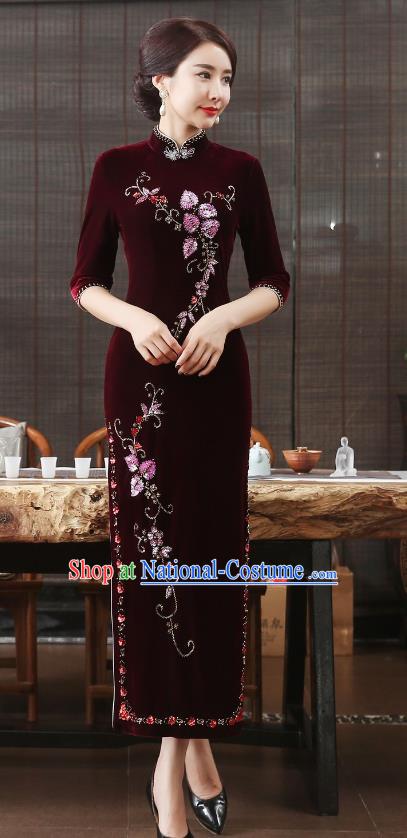 Chinese National Costume Retro Wine Red Velvet Qipao Dress Traditional Republic of China Tang Suit Cheongsam for Women