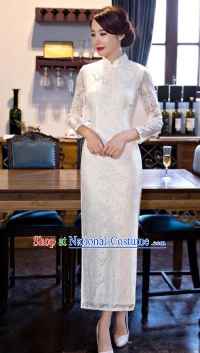 Chinese National Costume Tang Suit White Lace Qipao Dress Traditional Wedding Cheongsam for Women