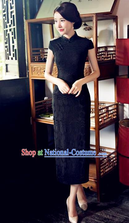 Chinese National Costume Tang Suit Qipao Dress Traditional Republic of China Black Lace Cheongsam for Women