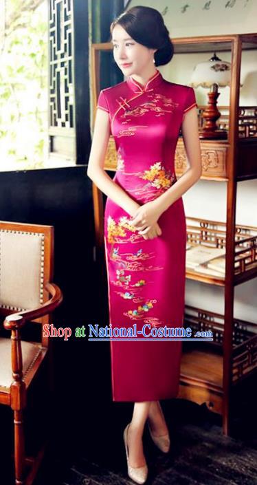 Chinese National Costume Tang Suit Qipao Dress Traditional Republic of China Rosy Silk Cheongsam for Women