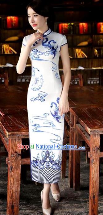 Chinese National Costume Tang Suit Qipao Dress Traditional Republic of China White Silk Cheongsam for Women