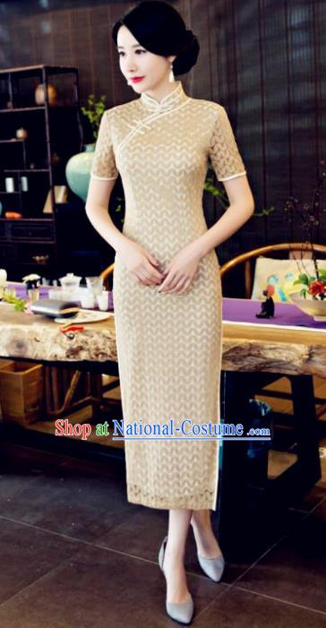 Chinese National Costume Tang Suit Qipao Dress Traditional Republic of China Apricot Cheongsam for Women