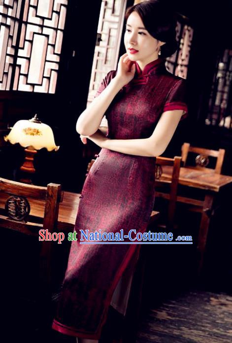 Chinese National Costume Tang Suit Qipao Dress Traditional Republic of China Wine Red Cheongsam for Women