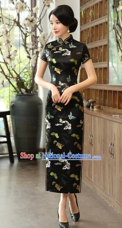 Chinese National Costume Tang Suit Qipao Dress Traditional Republic of China Black Brocade Cheongsam for Women