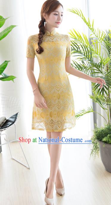 Chinese National Costume Tang Suit Yellow Lace Qipao Dress Traditional Republic of China Cheongsam for Women