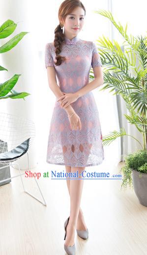 Chinese National Costume Tang Suit Lilac Lace Qipao Dress Traditional Republic of China Cheongsam for Women