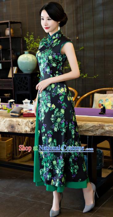 Chinese National Costume Tang Suit Qipao Dress Traditional Republic of China Navy Cheongsam for Women