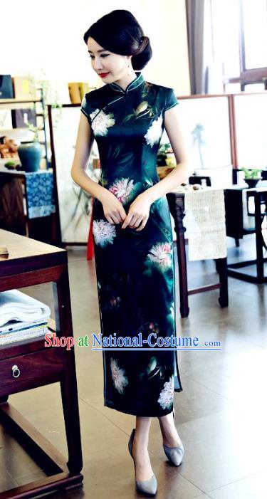 Chinese National Costume Tang Suit Qipao Dress Traditional Republic of China Atrovirens Cheongsam for Women