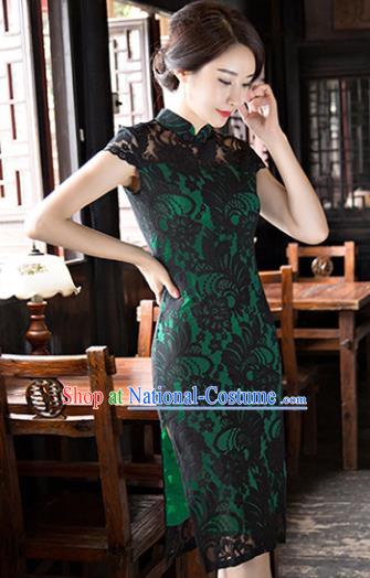 Chinese National Costume Tang Suit Qipao Dress Traditional Republic of China Black Lace Cheongsam for Women