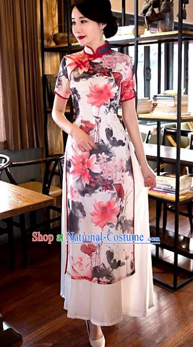 Chinese Top Grade Elegant Ink Painting Lotus Qipao Dress Traditional Republic of China Tang Suit Pink Cheongsam for Women