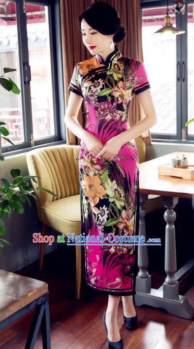 Top Grade Chinese Elegant Printing Purple Cheongsam Traditional Republic of China Tang Suit Silk Qipao Dress for Women