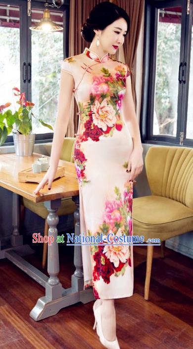 Top Grade Chinese Elegant Printing Peony Cheongsam Traditional Republic of China Tang Suit Silk Qipao Dress for Women