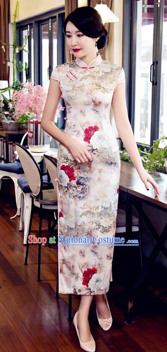 Top Grade Chinese Elegant Printing Peony Flowers Cheongsam Traditional Republic of China Tang Suit Silk Qipao Dress for Women