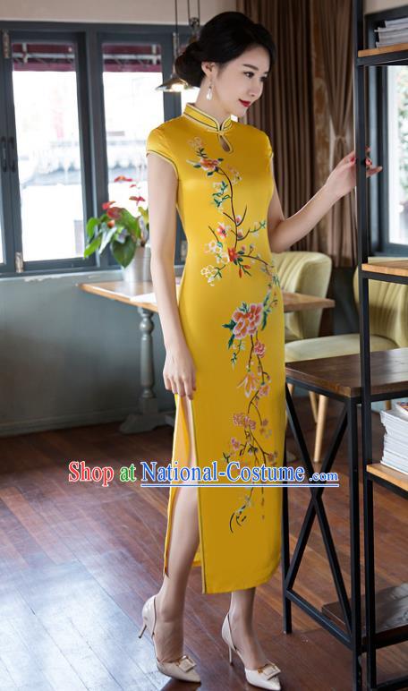 Top Grade Chinese Elegant Cheongsam Traditional China Tang Suit Yellow Silk Qipao Dress for Women