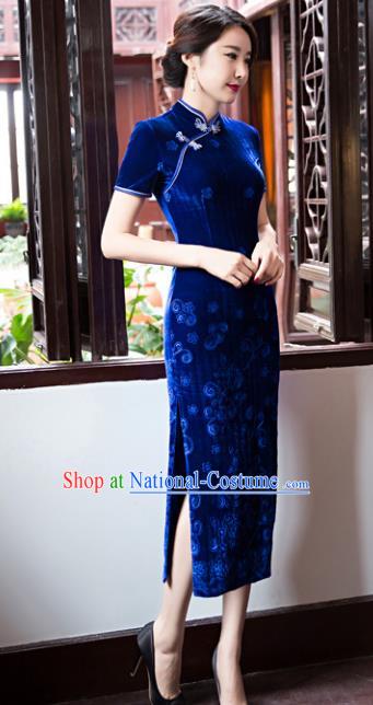 Top Grade Chinese Elegant Cheongsam Traditional China Tang Suit Blue Velvet Qipao Dress for Women