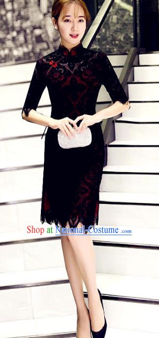 Top Grade Chinese Elegant Black Lace Tassel Cheongsam Traditional China Tang Suit Qipao Dress for Women