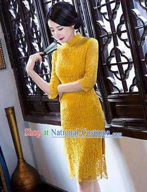 Top Grade Chinese Elegant Short Cheongsam Traditional China Tang Suit Yellow Lace Qipao Dress for Women