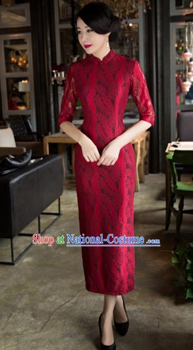 Top Grade Chinese Elegant Cheongsam Traditional China Red Lace Tang Suit Qipao Dress for Women