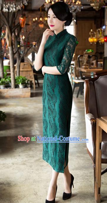 Top Grade Chinese Elegant Cheongsam Traditional China Green Lace Tang Suit Qipao Dress for Women