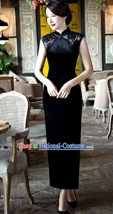 Chinese Top Grade Elegant Black Silk Lace Qipao Dress Traditional Republic of China Tang Suit Cheongsam for Women