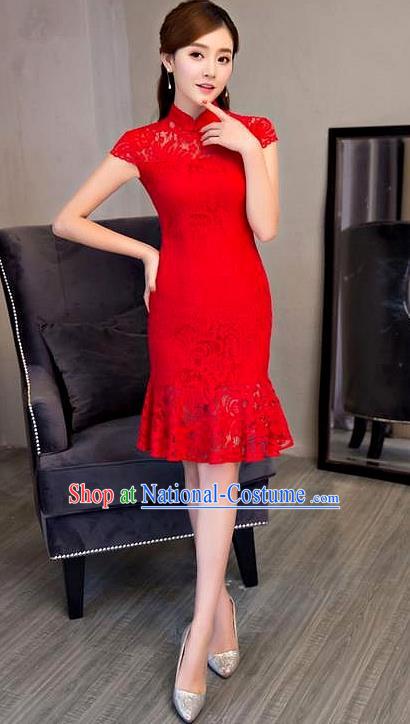 Chinese Top Grade Elegant Qipao Dress Traditional Republic of China Tang Suit Red Lace Short Cheongsam for Women