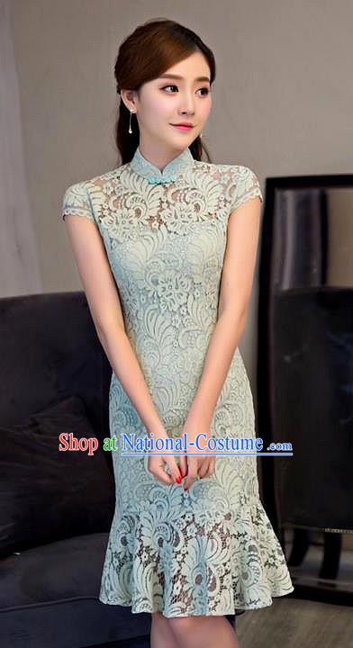 Chinese Top Grade Elegant Qipao Dress Traditional Republic of China Tang Suit Green Lace Short Cheongsam for Women