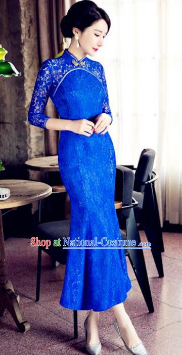 Chinese Top Grade Elegant Qipao Dress Traditional Republic of China Tang Suit Royalblue Lace Cheongsam for Women