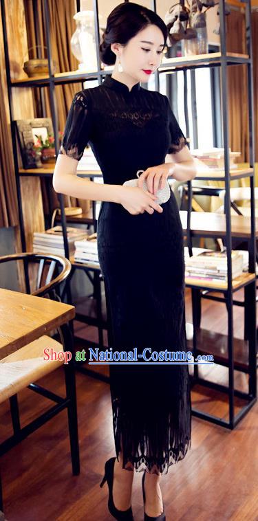 Chinese Top Grade Elegant Cheongsam Traditional Republic of China Tang Suit Black Lace Qipao Dress for Women