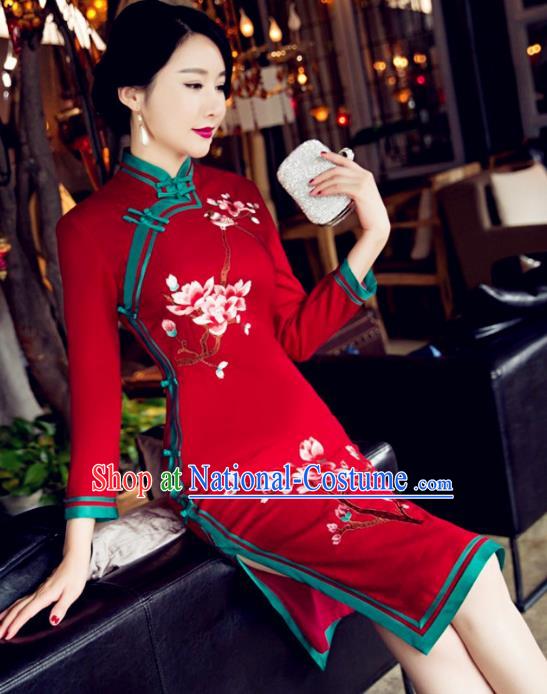 Top Grade Chinese Elegant Red Woolen Cheongsam Traditional China Tang Suit Qipao Dress for Women