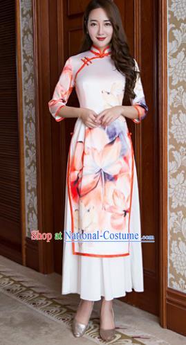 Top Grade Chinese Elegant Ink Painting Lotus Pink Cheongsam Traditional China Tang Suit Qipao Dress for Women