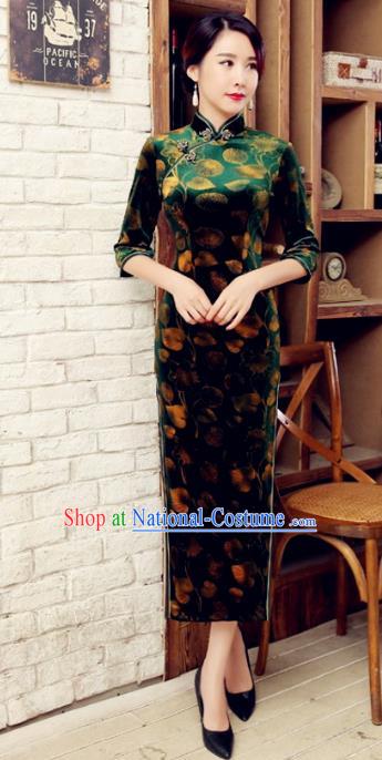 Traditional Chinese Elegant Printing Green Velvet Cheongsam China Tang Suit Qipao Dress for Women